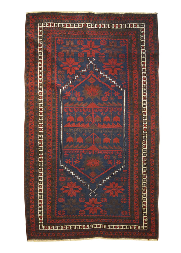 Persian Rug Baloch Handmade Area Tribal 3'8"x6'1" (4x6) Blue Red Geometric Design #A18033