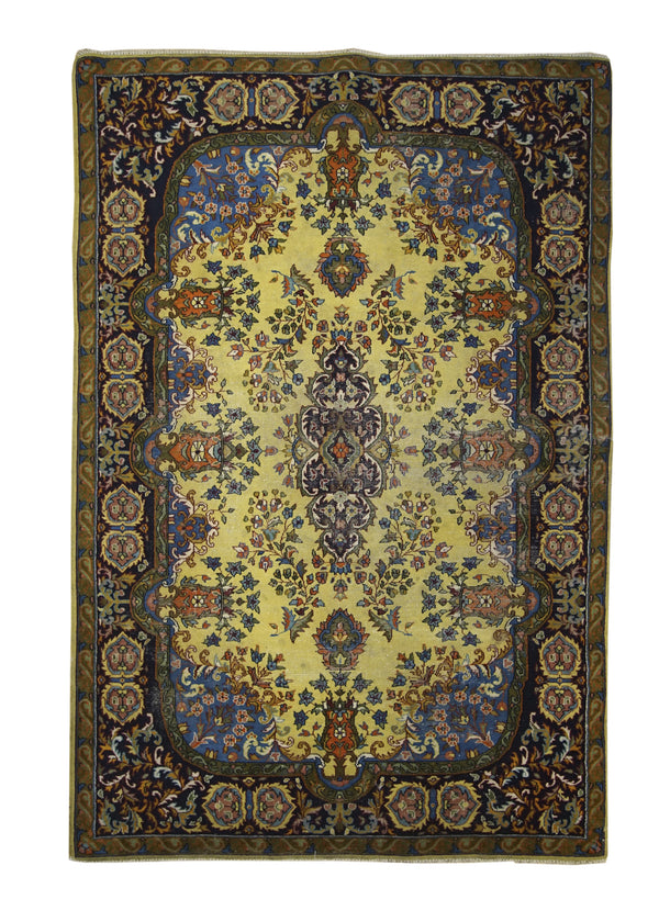 Oriental Rug Kashmiri Handmade Area Traditional Antique 4'1"x6'0" (4x6) Yellow/Gold Blue Floral Design #A18067