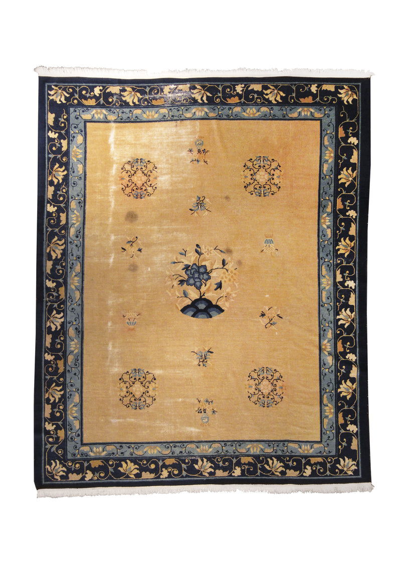 Oriental Rug Chinese Handmade Area Traditional Antique 7'11"x9'7" (8x10) Whites/Beige Blue Floral Design #A18103