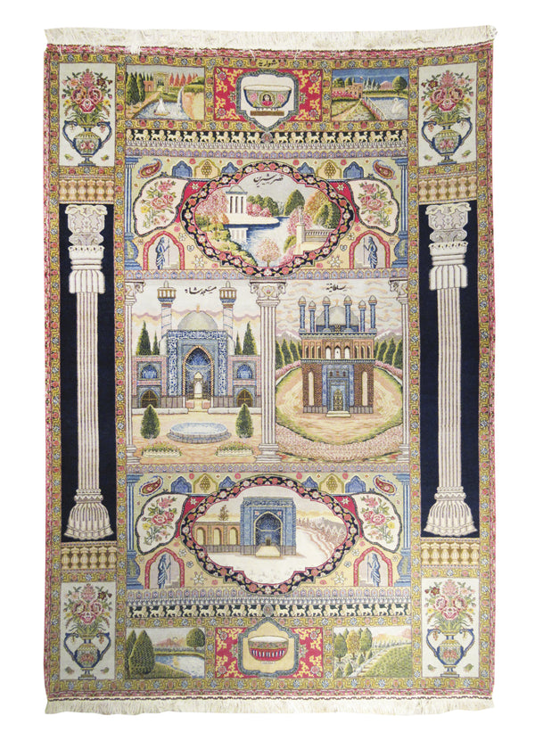 Persian Rug Tabriz Handmade Area Traditional Antique 6'8"x9'7" (7x10) Multi-color Blue Green Pictorial Historical Design #A18115