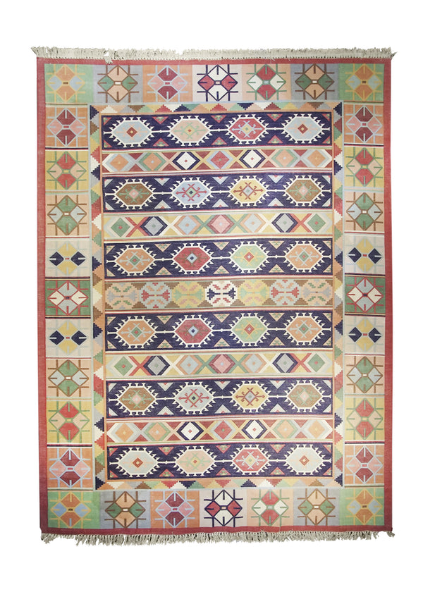 Oriental Rug Indian Handmade Area Traditional 9'0"x12'0" (9x12) Multi-color Green Dhurrie Geometric Design #A18206