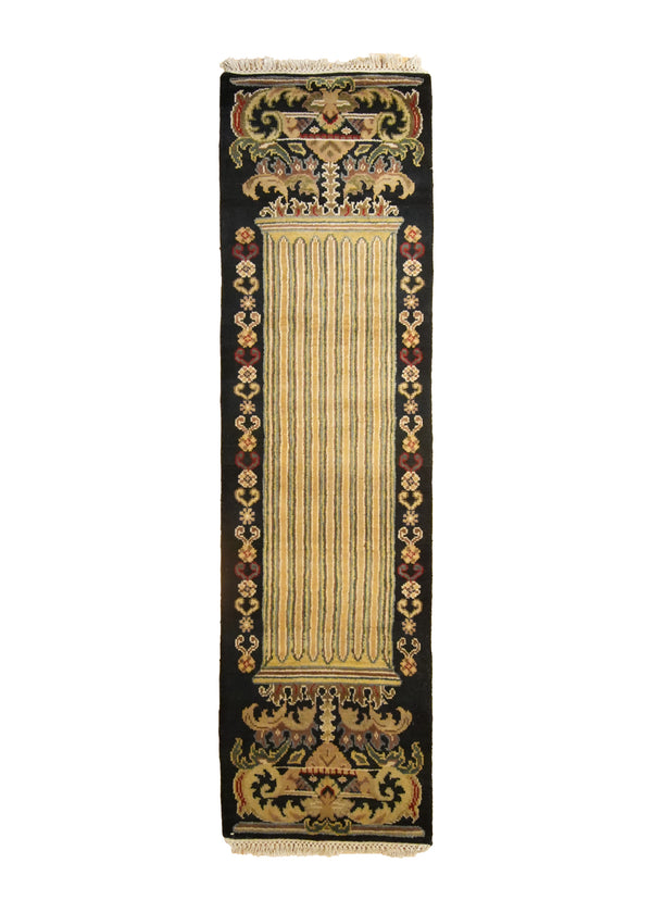 Oriental Rug Indian Handmade Runner Transitional 1'6"x5'9" (2x6) Black Yellow/Gold Tea Washed Design #A18512