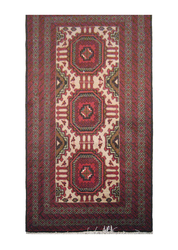 Persian Rug Baloch Handmade Area Tribal 3'5"x6'6" (3x7) Whites/Beige Red Geometric Design #A18613
