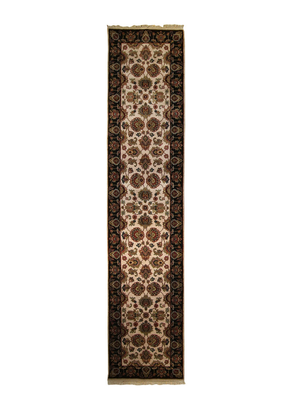 Oriental Rug Indian Handmade Runner Transitional 2'7"x12'2" (3x12) Whites/Beige Black Yellow/Gold Tea Washed Design #A18753