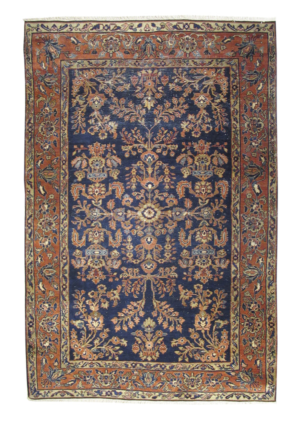 Persian Rug Mohajeran Sarouk Handmade Area Traditional Antique 4'4"x6'7" (4x7) Blue Red Floral Design #A18950