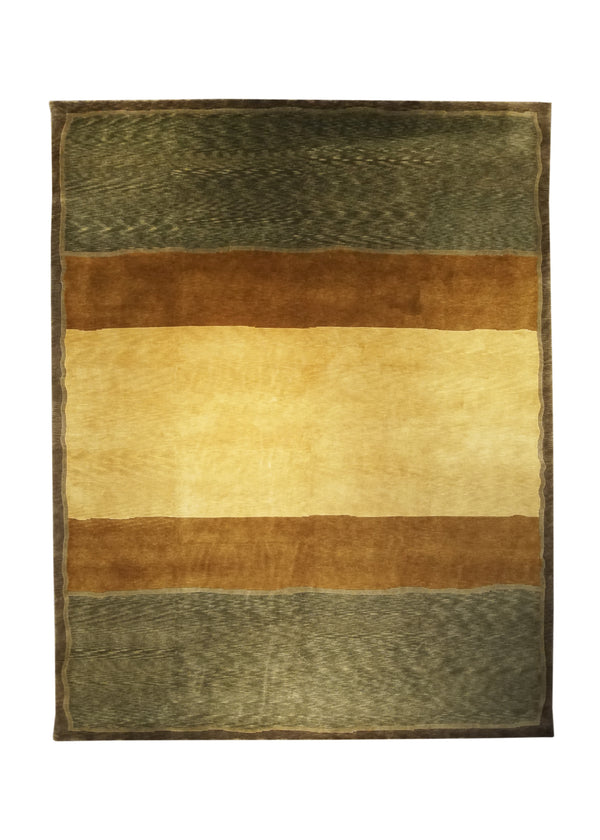 Oriental Rug Indian Handmade Area Modern 9'2"x11'10" (9x12) Brown Green Stripes Design #A18970