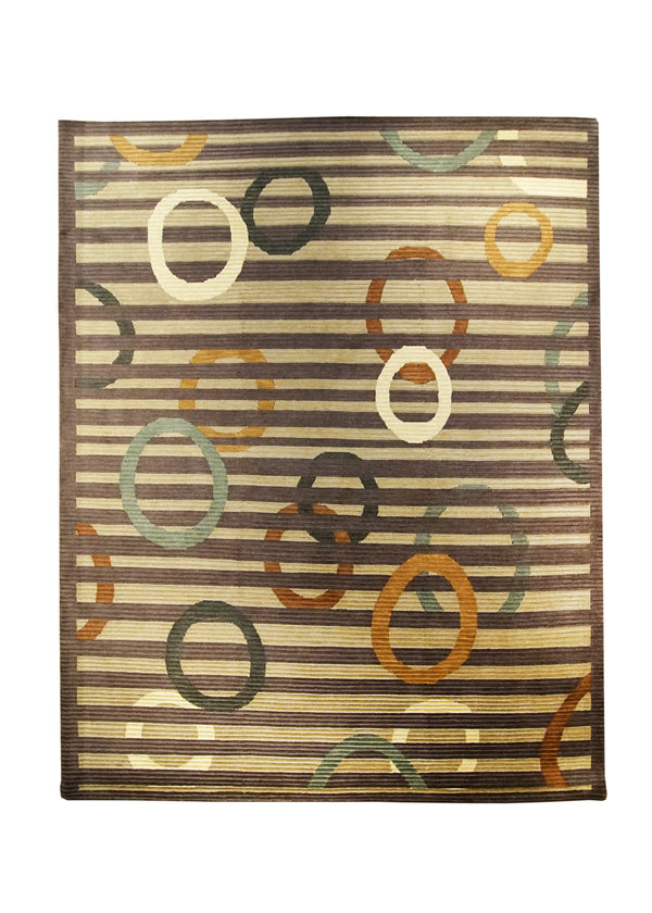 Oriental Rug Indian Handmade Area Modern 8'2"x10'2" (8x10) Brown Whites/Beige Multi-color Stripes Design #A18990
