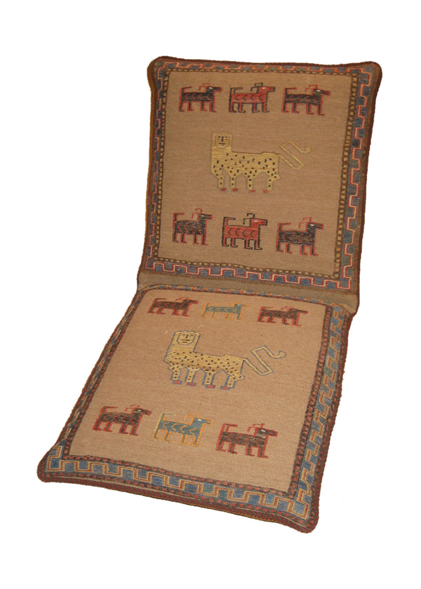 Persian Rug Shiraz Handmade Pillow Tribal 1'8"x4'0" (2x4) Whites/Beige Blue Kilim Cushion Poshti Geometric Design #A19202