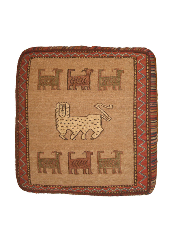 Persian Rug Shiraz Handmade Pillow Tribal 1'10"x1'10" (2x2) Whites/Beige Red Kilim Cushion Geometric Design #A19205