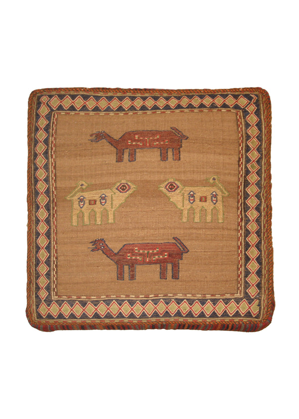 Persian Rug Shiraz Handmade Pillow Tribal 1'10"x1'10" (2x2) Whites/Beige Kilim Cushion Geometric Design #A19207