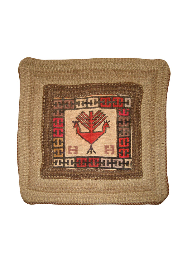 Persian Rug Shiraz Handmade Pillow Tribal 1'3"x1'4" (1x1) Whites/Beige Brown Red Kilim Geometric Design #A19215