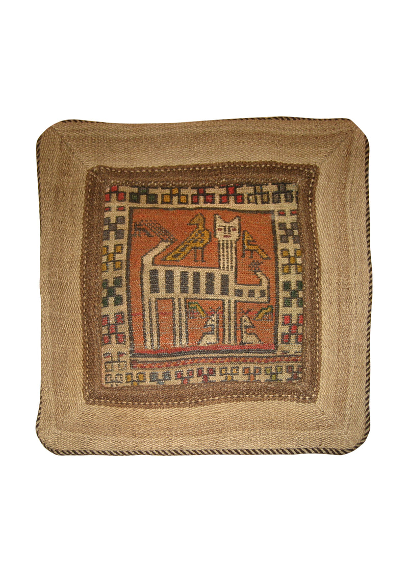 Caucasian Rug Sarab Handmade Pillow Tribal 1'5"x1'5" (1x1) Brown Whites/Beige Kilim Geometric Design #A19221