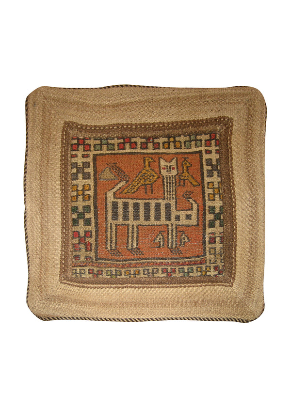 Persian Rug Shiraz Handmade Pillow Tribal 1'5"x1'5" (1x1) Brown Whites/Beige Kilim Geometric Design #A19222