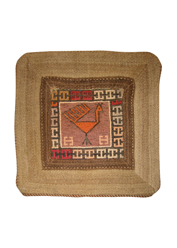 Persian Rug Shiraz Handmade Pillow Tribal 1'3"x1'3" (1x1) Multi-color Whites/Beige Brown Kilim Geometric Design #A19223