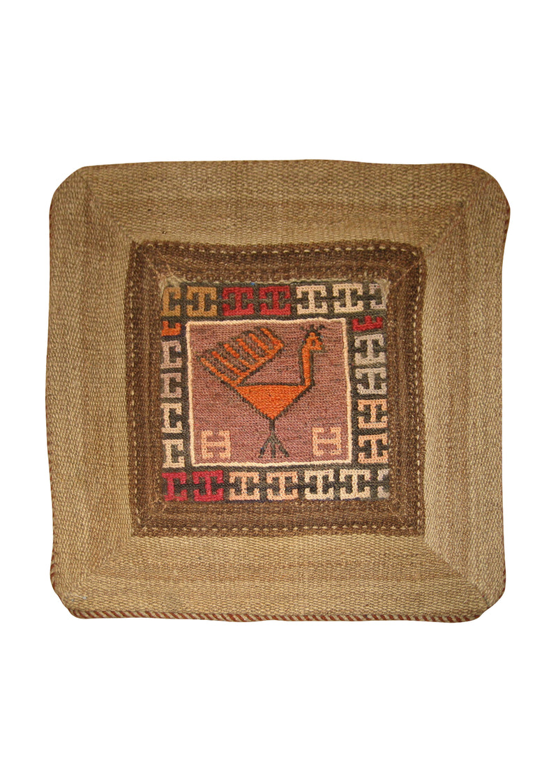 Persian Rug Shiraz Handmade Pillow Tribal 1'3"x1'3" (1x1) Multi-color Whites/Beige Brown Kilim Geometric Design #A19223