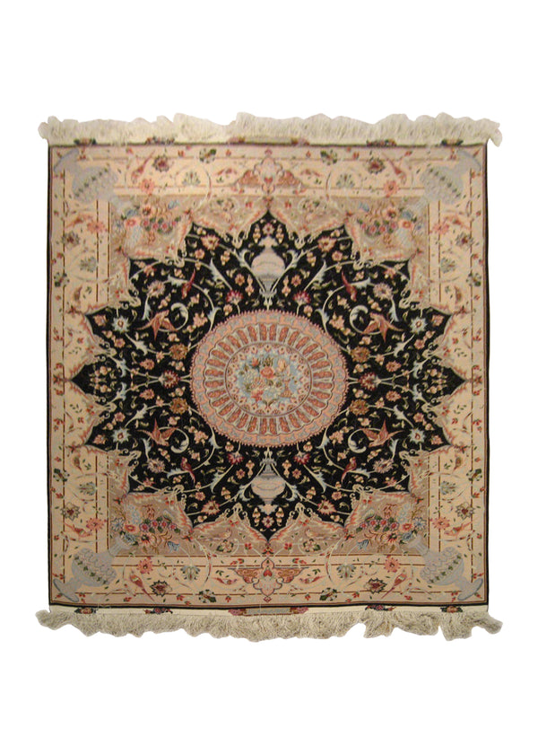 Persian Rug Tabriz Handmade Area Traditional 6'7"x8'1" (7x8) Black Pink Whites/Beige Floral Naghsh Design #A19258