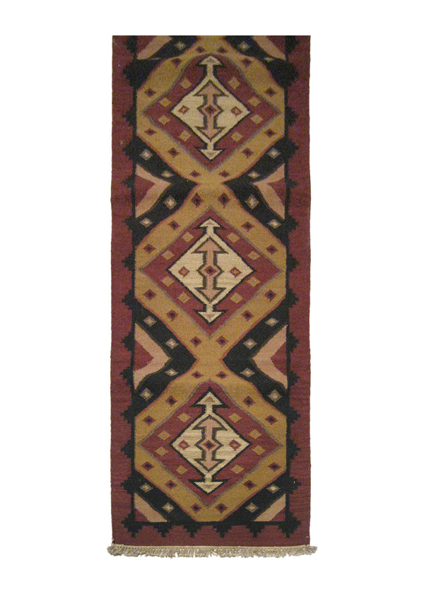 Oriental Rug Indian Handmade Runner Tribal 2'7"x9'9" (3x10) Multi-color Red Yellow/Gold Dhurrie Tea Washed Geometric Design #A19274