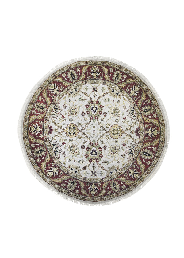 Oriental Rug Indian Handmade Round Transitional 5'10"x5'10" (6x6) Whites/Beige Red Soumak Design #A19344