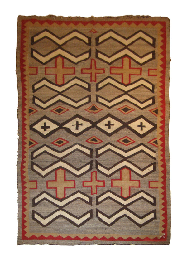 Native American Rug Navajo Handmade Area Tribal Antique 4'8"x7'3" (5x7) Gray Red Geometric Design #A19465
