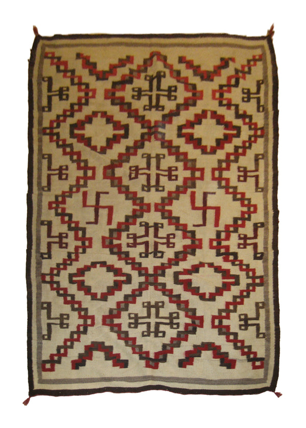 Native American Rug Navajo Handmade Area Tribal Antique 4'7"x7'2" (5x7) Whites/Beige Brown Geometric Design #A19469