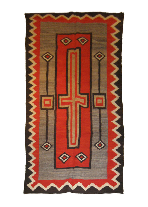 Native American Rug Navajo Handmade Area Tribal Antique 5'0"x10'0" (5x10) Red Gray Whites/Beige Crystal Geometric Design #A19993