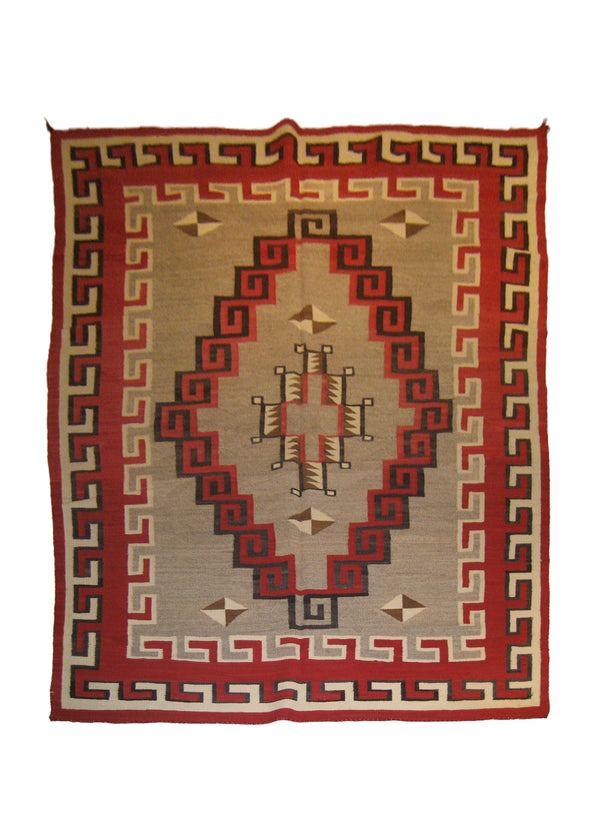 Native American Rug Navajo Handmade Area Tribal Antique 6'3"x8'9" (6x9) Gray Red Whites/Beige Klaqayeau Geometric Design #A19994