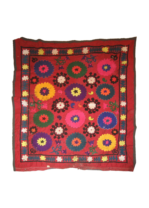 Oriental Rug Uzbek Handmade Area Antique 3'10"x4'6" (4x5) Red Green Tapestry Kilim Floral Design #A19997