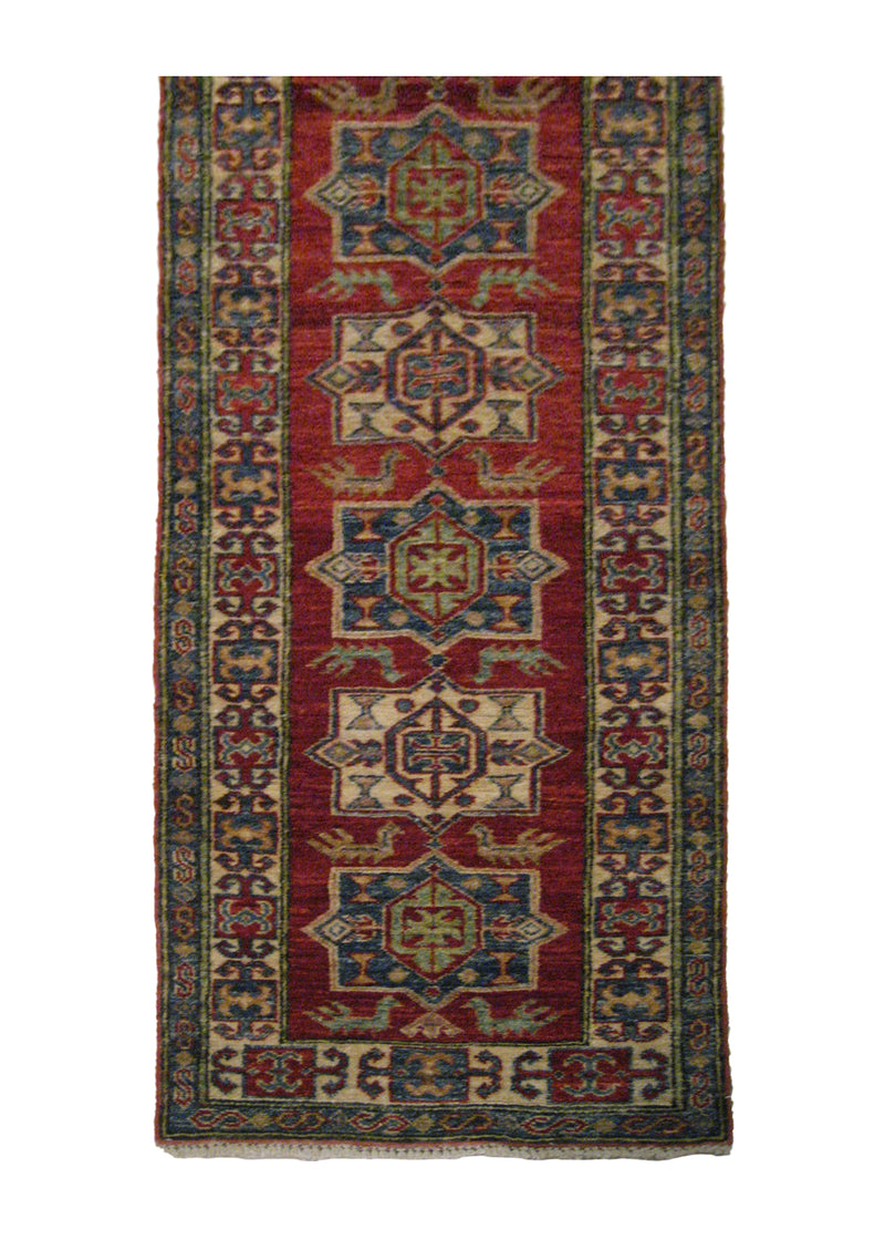 Oriental Rug Pakistani Handmade Runner Transitional Tribal 2'1"x6'6" (2x7) Red Blue Ghazni Kazak Geometric Design #A20039