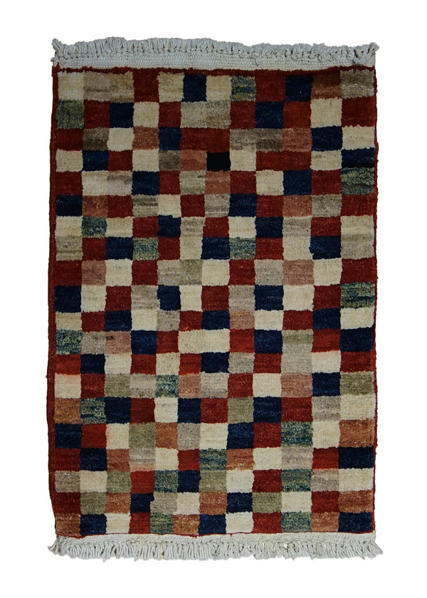 Oriental Rug Pakistani Handmade Area Transitional 1'4"x2'0" (1x2) Multi-color Red Antique Washed Geometric Checkered Design #A20047