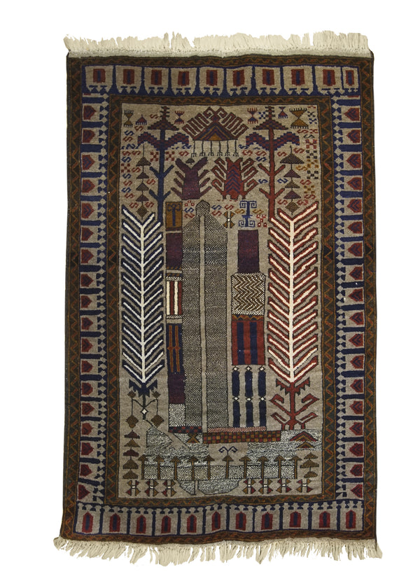 Oriental Rug Afghan Handmade Area Tribal 2'8"x4'9" (3x5) Brown Blue Tree of Life Design #A20054