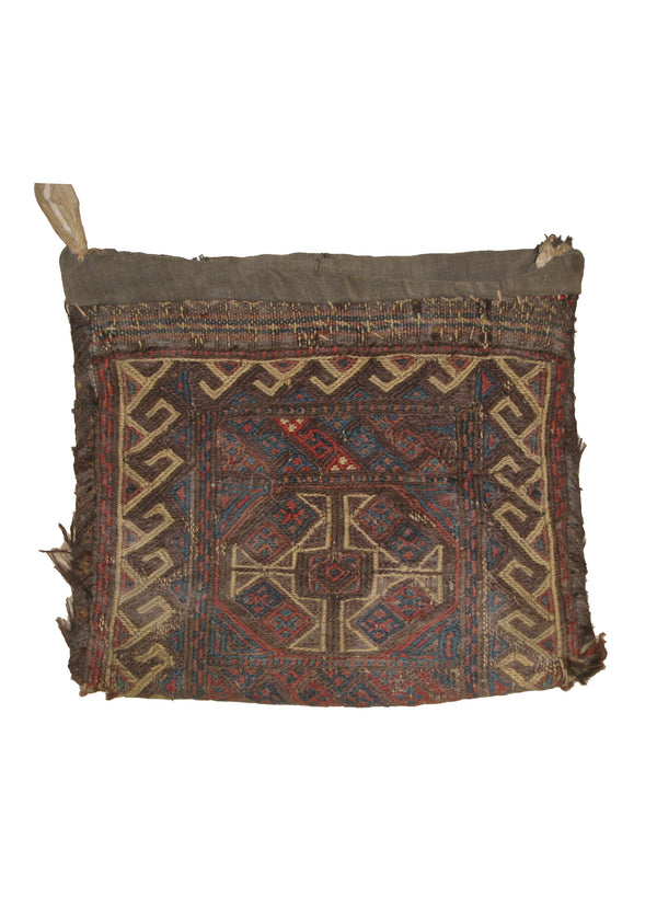 Persian Rug Turkmen Handmade Saddle Tribal Antique 0'9"x0'10" (1x1) Brown Whites/Beige Saddle Bag Geometric Design #A20056