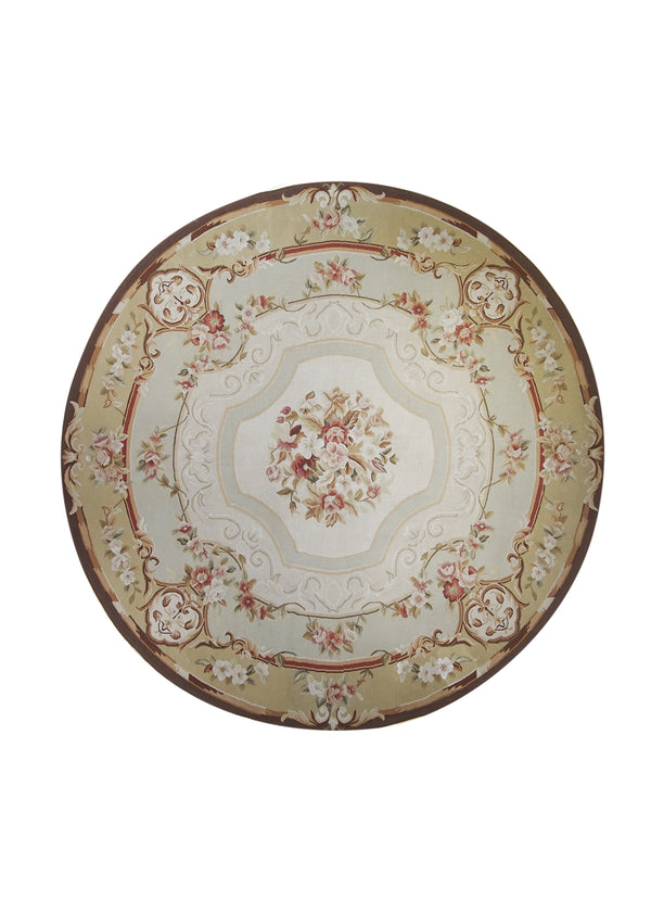 Oriental Rug Chinese Handmade Round Traditional 6'10"x6'10" (7x7) Whites/Beige Brown Tapestry Aubusson Floral Design #A20202
