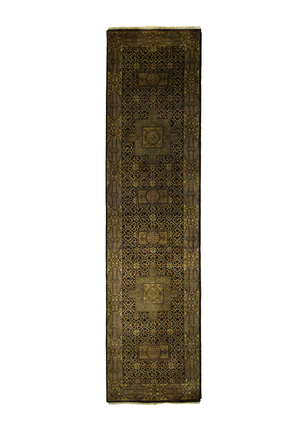 Oriental Rug Indian Handmade Runner Transitional 2'7"x10'3" (3x10) Black Yellow/Gold Tea Washed Design #A20345