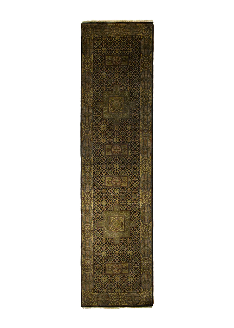 Oriental Rug Indian Handmade Runner Transitional 2'7"x10'3" (3x10) Black Yellow/Gold Tea Washed Design #A20345