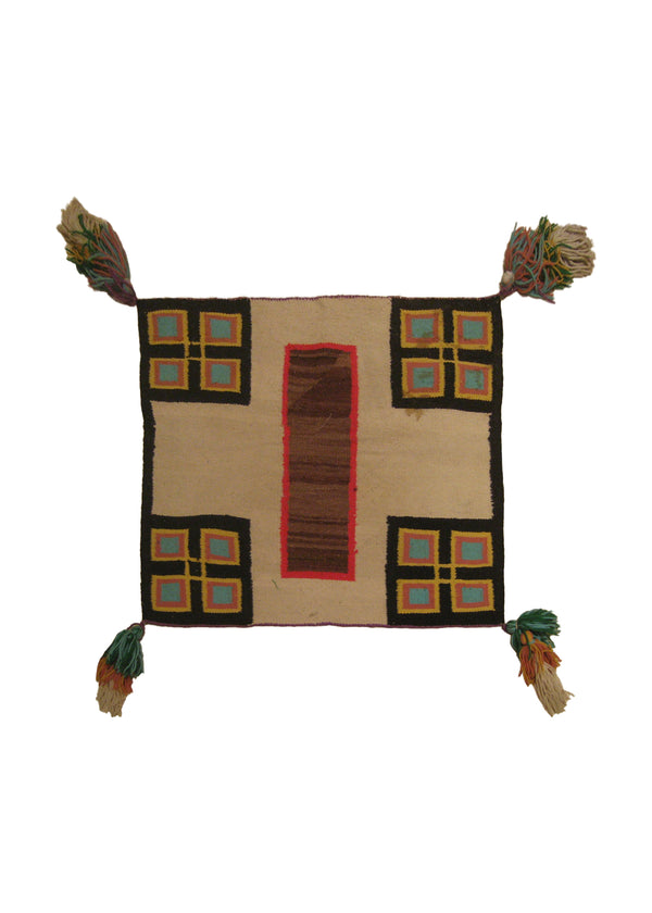 Native American Rug Navajo Handmade Area Tribal 2'1"x2'5" (2x2) Whites/Beige Black Brown Geometric Design #A20709