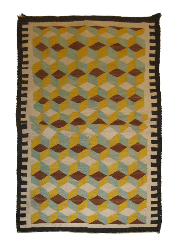 Native American Rug Navajo Handmade Area Tribal 3'3"x5'1" (3x5) Yellow/Gold Whites/Beige Geometric Design #A20714