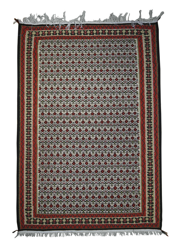 Persian Rug Sanandaj Handmade Area Tribal 3'6"x5'2" (4x5) Whites/Beige Red Kilim Geometric Design #A20788