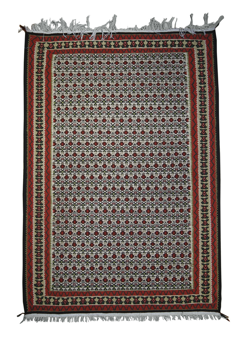 Persian Rug Sanandaj Handmade Area Tribal 3'6"x5'2" (4x5) Whites/Beige Red Kilim Geometric Design #A20788