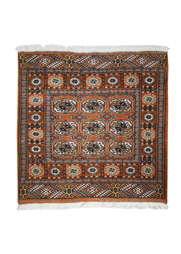 Persian Rug Turkmen Handmade Square Tribal 3'4"x3'5" (3x3) Orange Elephant Foot Bokhara Design #A20790