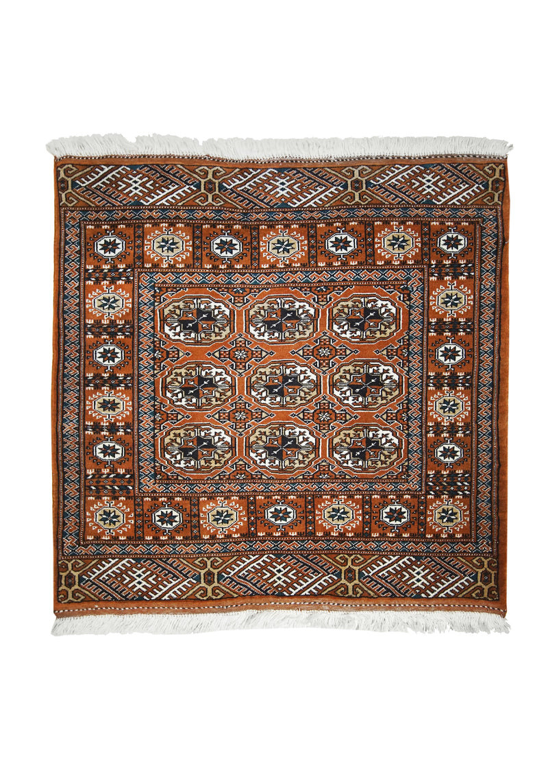 Persian Rug Turkmen Handmade Square Tribal 3'4"x3'5" (3x3) Orange Elephant Foot Bokhara Design #A20790