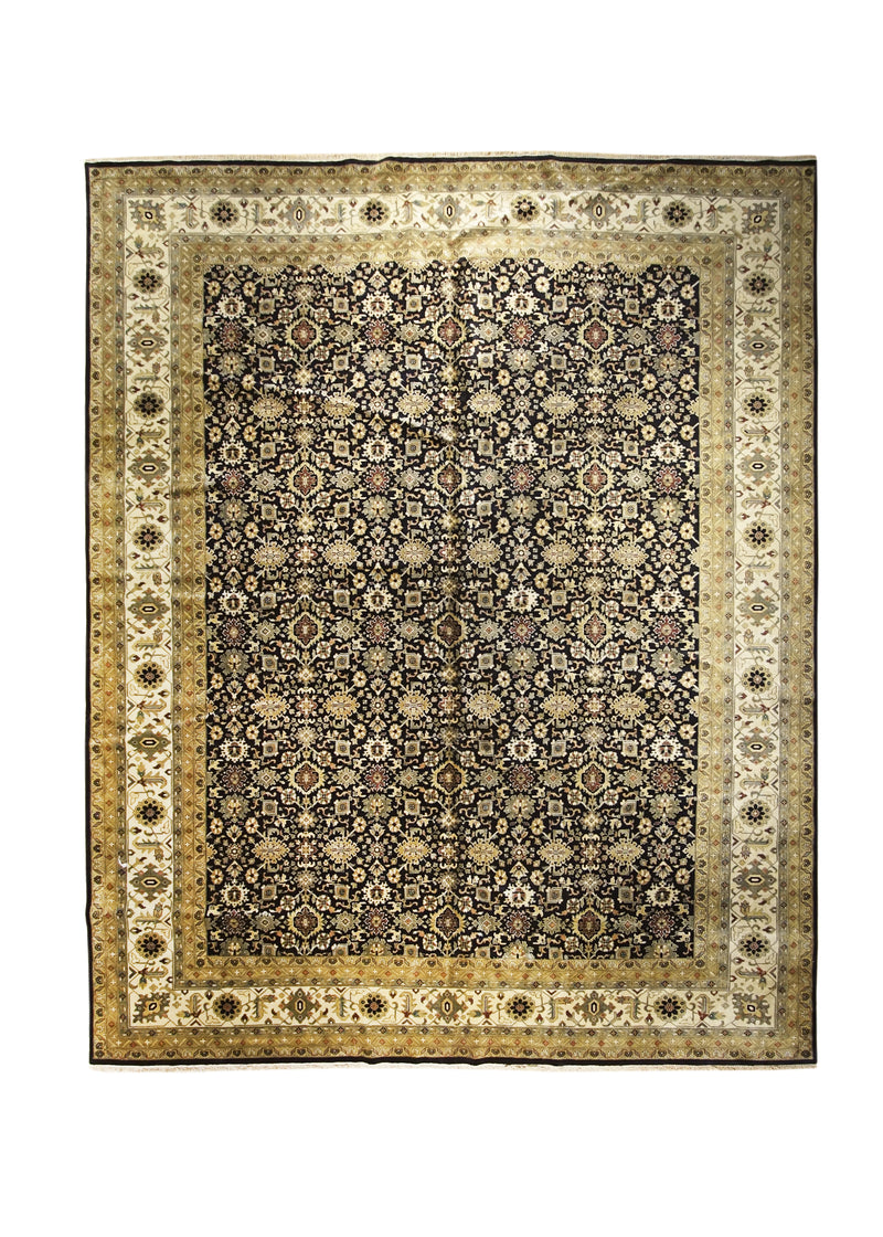 Oriental Rug Indian Handmade Area Transitional 11'10"x14'8" (12x15) Black Whites/Beige Floral Design #A20829