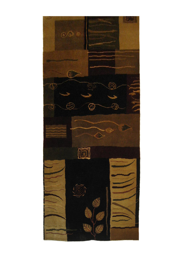 Oriental Rug Indian Handmade Runner Modern 3'0"x9'7" (3x10) Multi-color Black Whites/Beige Art Deco Abstract Design #A21084