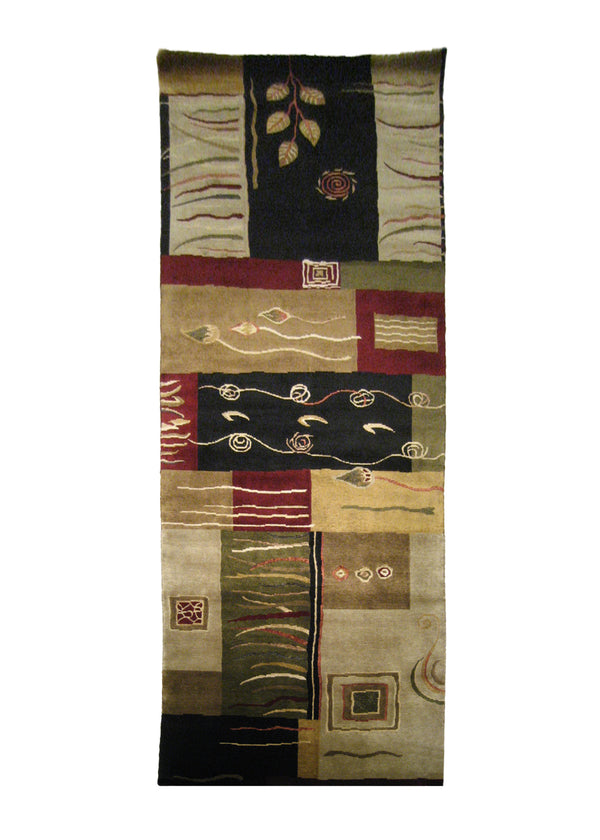 Oriental Rug Indian Handmade Runner Modern 3'0"x9'6" (3x10) Multi-color Whites/Beige Black Art Deco Design #A21223