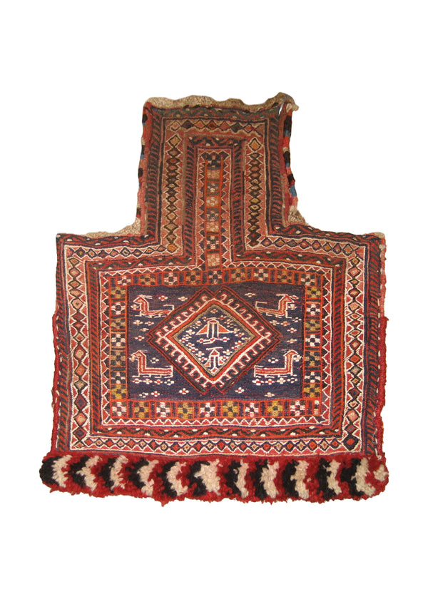Oriental Rug Afghan Handmade Saddle Tribal 1'4"x1'9" (1x2) Blue Whites/Beige Red Bag Soumak Geometric Design #A21323
