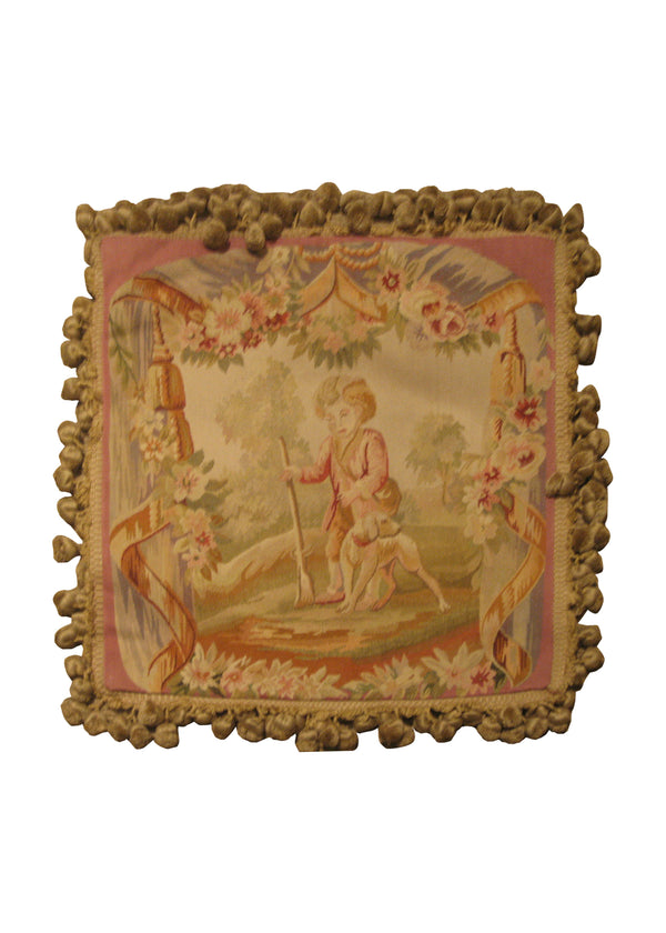 Oriental Rug Chinese Handmade Pillow Traditional 1'6"x1'6" (2x2) Whites/Beige Pink Tapestry Pictorial Design #A21476