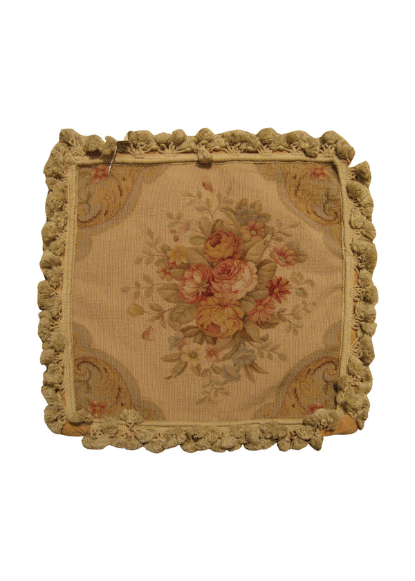 Oriental Rug Chinese Handmade Pillow Traditional 1'6"x1'6" (2x2) Whites/Beige Green Tapestry Floral Design #A21478