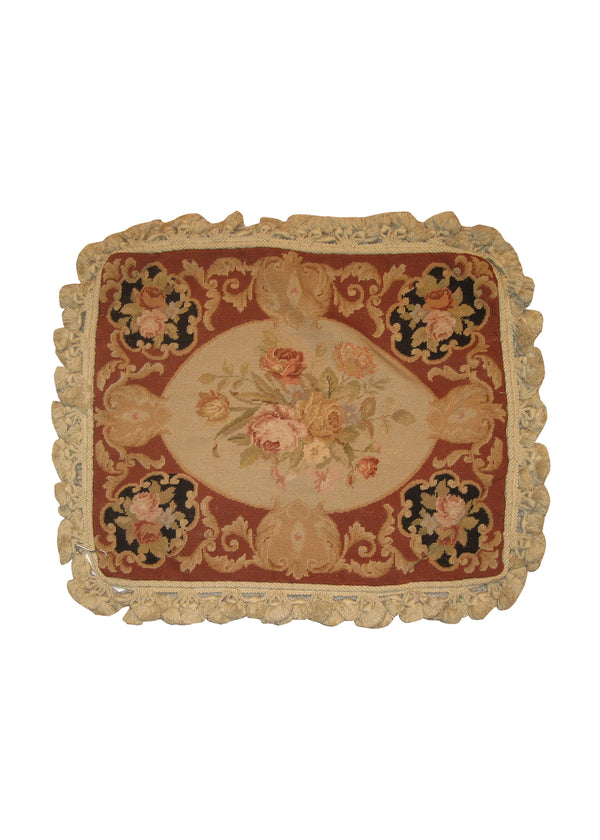 Oriental Rug Chinese Handmade Pillow Traditional 1'4"x1'8" (1x2) Whites/Beige Red Tapestry Floral Design #A21484