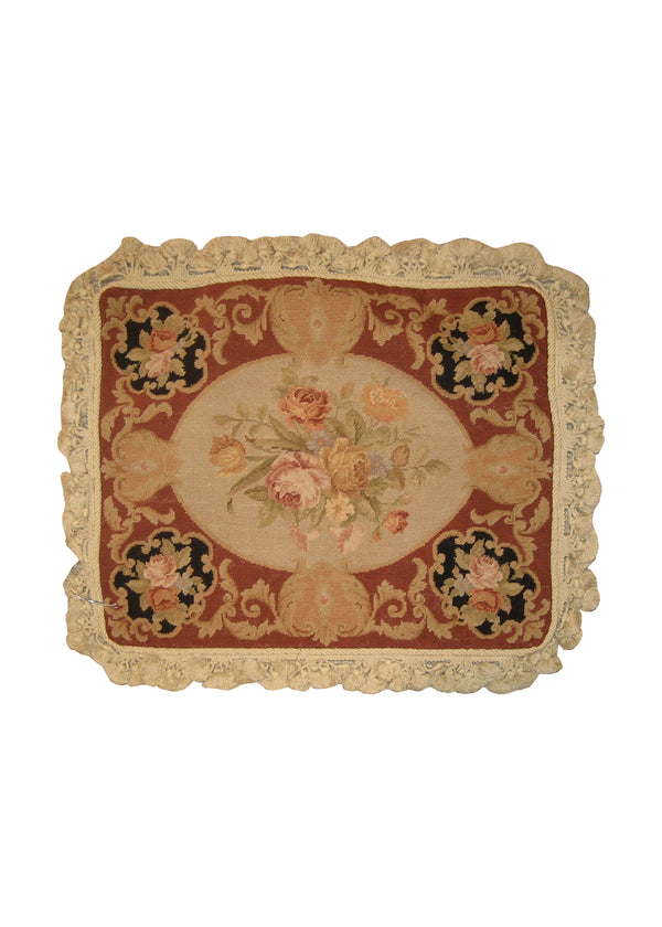 Oriental Rug Chinese Handmade Pillow Traditional 1'4"x1'8" (1x2) Whites/Beige Red Tapestry Floral Design #A21485