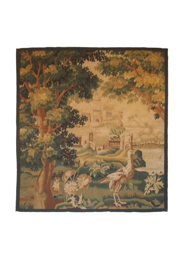 Oriental Rug Chinese Handmade Area Traditional 4'0"x4'11" (4x5) Whites/Beige Blue Red Tapestry Landscape Design #A21488