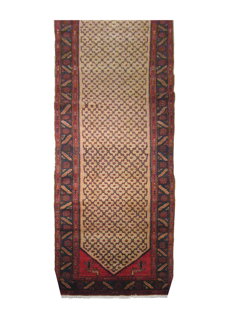 Persian Rug Hamadan Handmade Runner Tribal 3'4"x12'10" (3x13) Whites/Beige Blue Red Mehreban Design #A21544